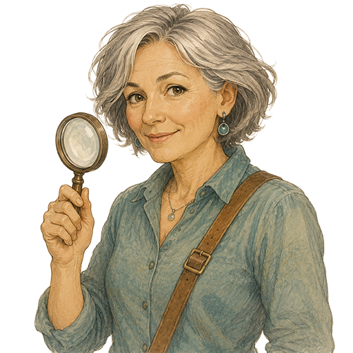 Penelope Puzzleton holding a magnifying glass